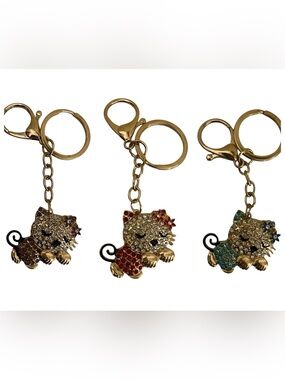 Gold-tone Crystal Cat bag charm / Keychain - choose 1 (purple,red or teal blue)
